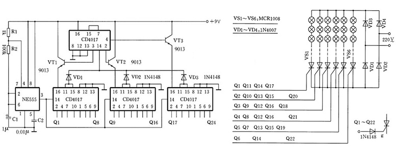 The circuit diagram of colored lights composed of three CD4017 The circuit diagram of colored lights composed of three CD4017